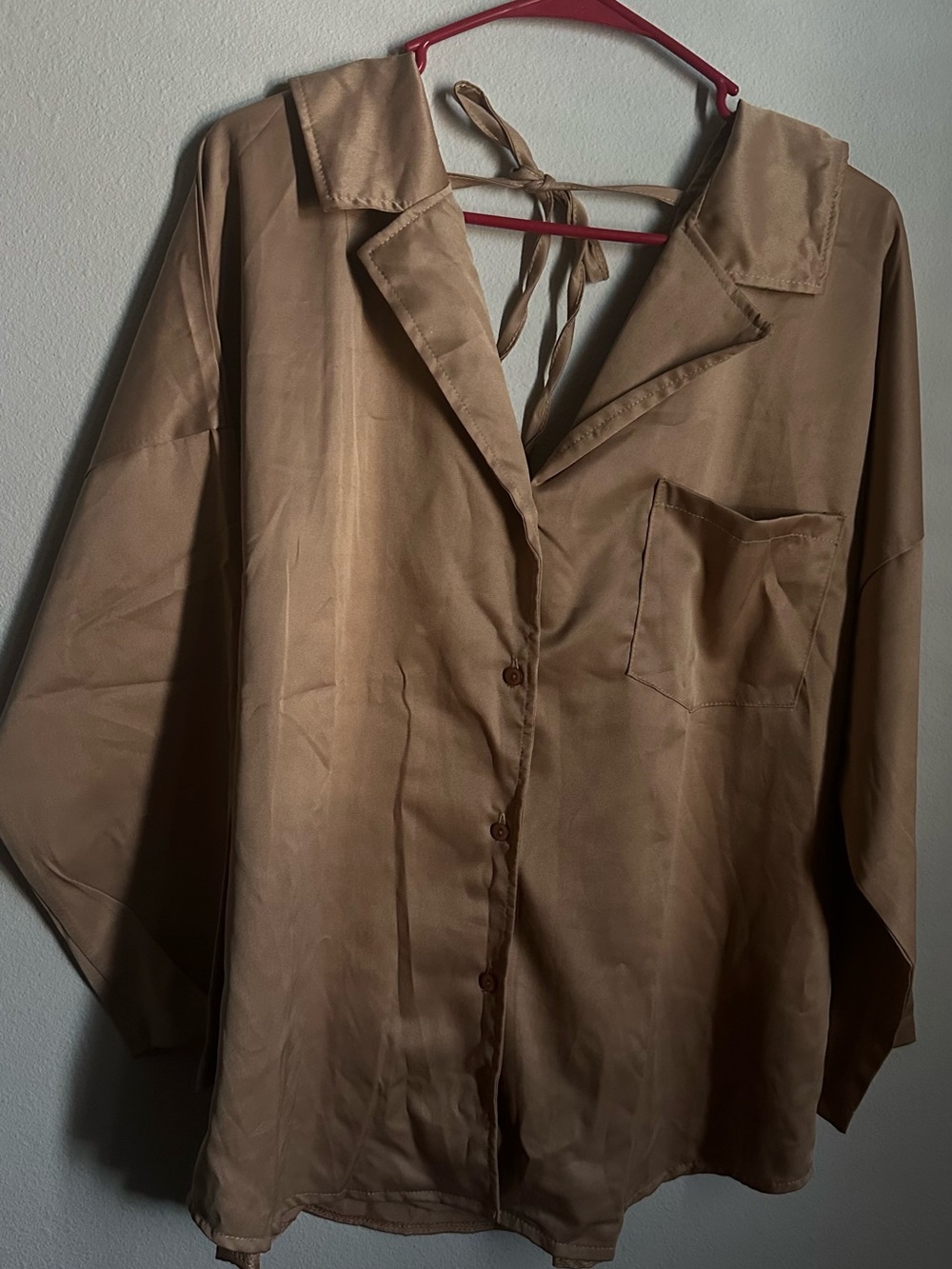 Satin Button-Up Blouse in Camel